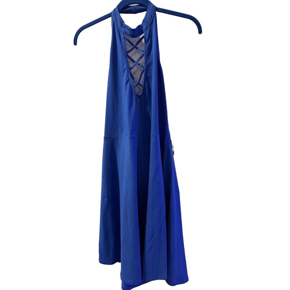 NWT Express Blue Knit Dress Sz L Criss Cross Chest Open Back Mini Halter Choker - Picture 6 of 14